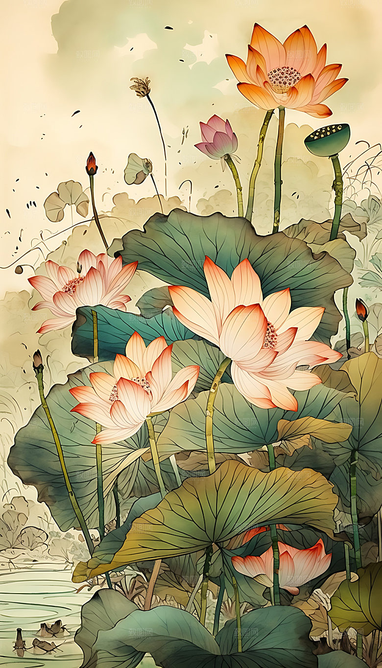 荷花国画水墨装饰画