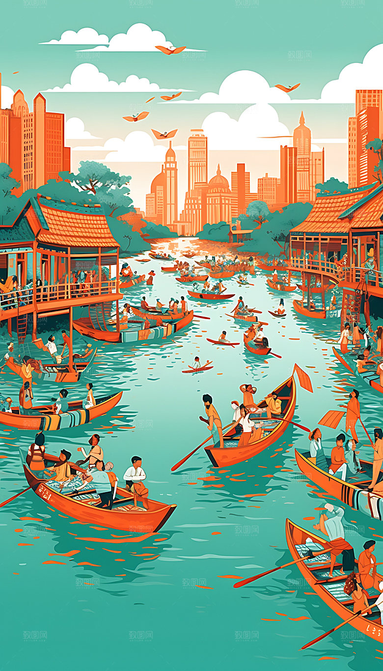 端午赛龙舟活动场景插画