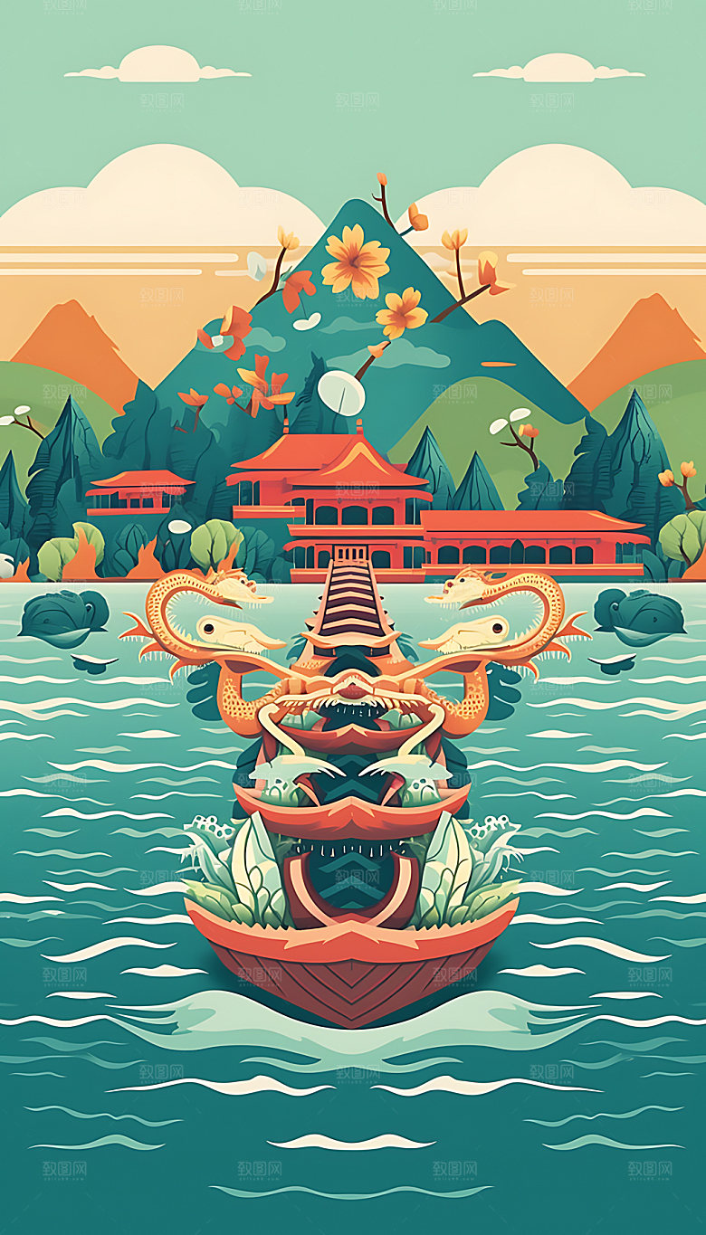 端午赛龙舟活动民俗插画