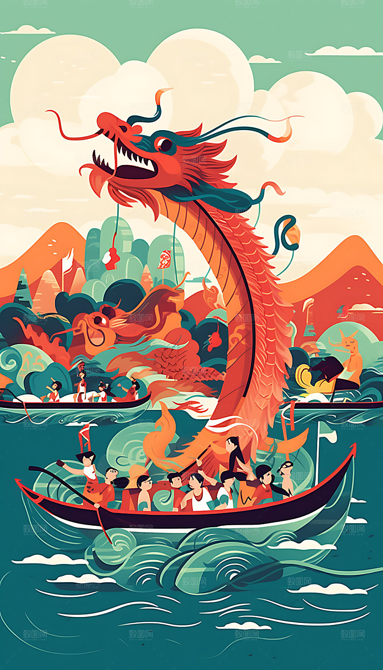 端午赛龙舟场景活动插画