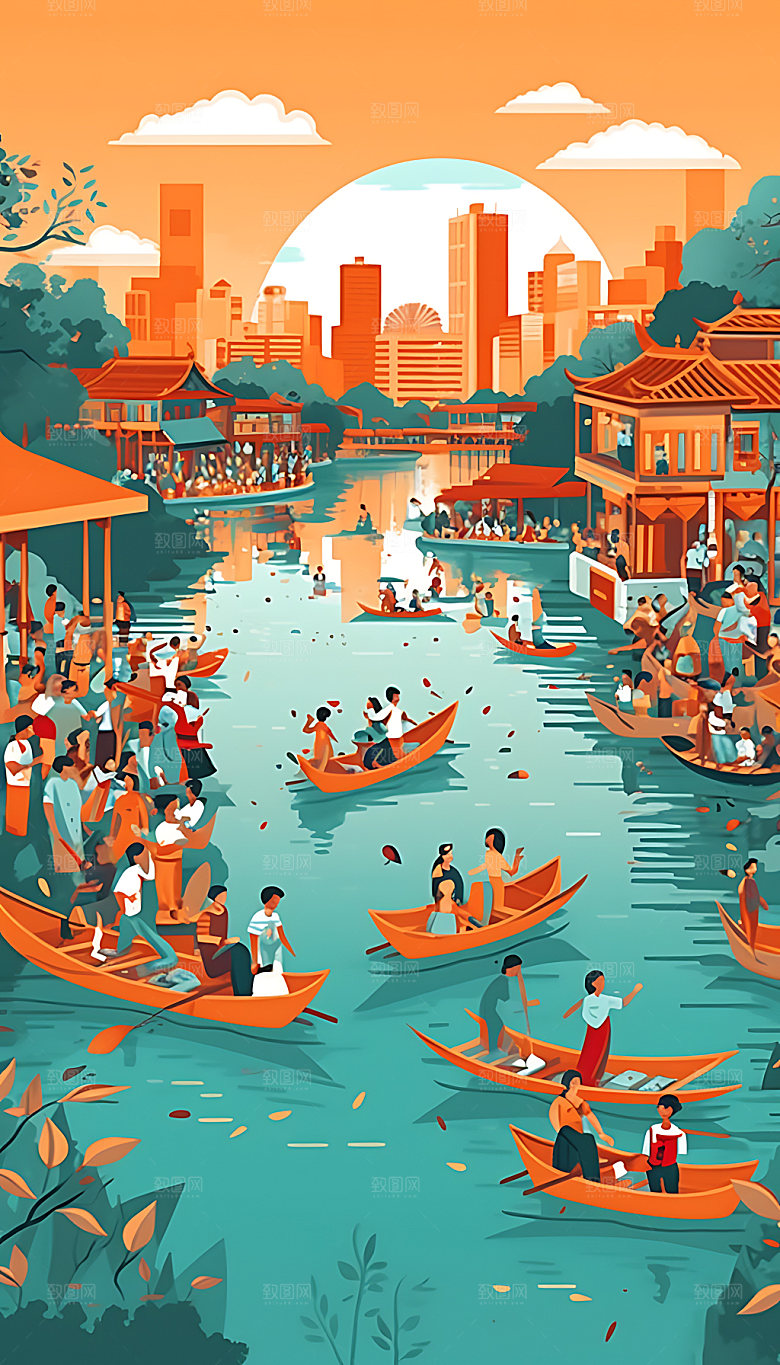 端午赛龙舟场景节日插画