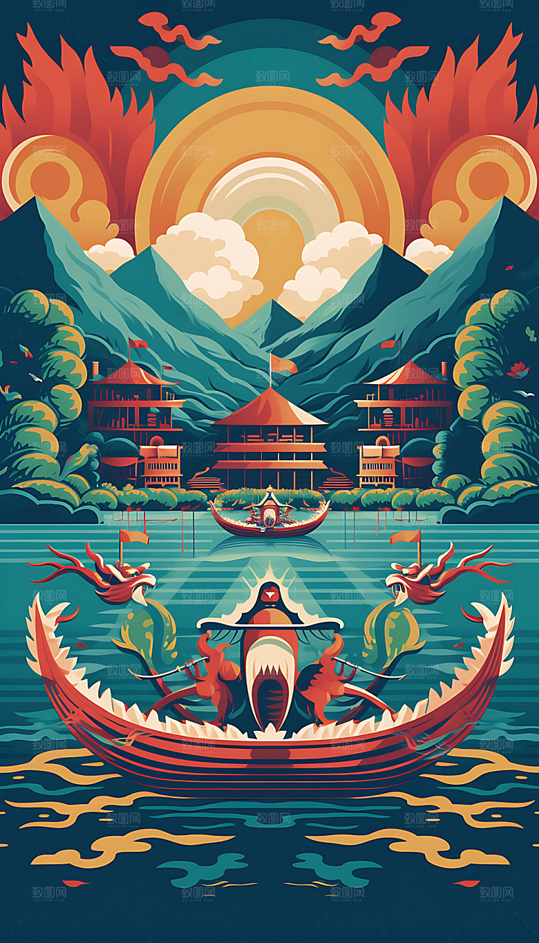 端午赛龙舟场景扁平风插画