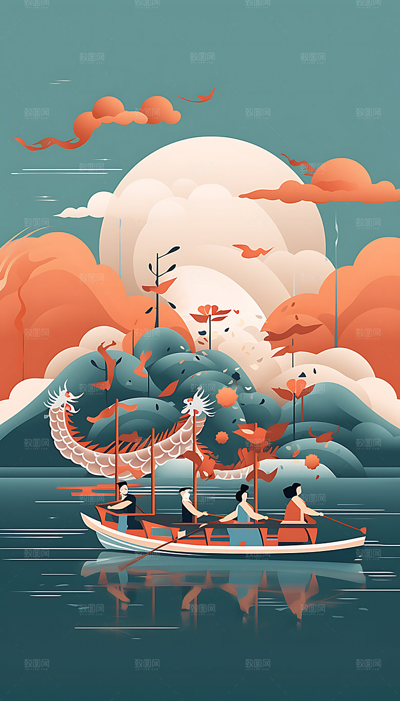 端午赛龙舟比赛节庆插画