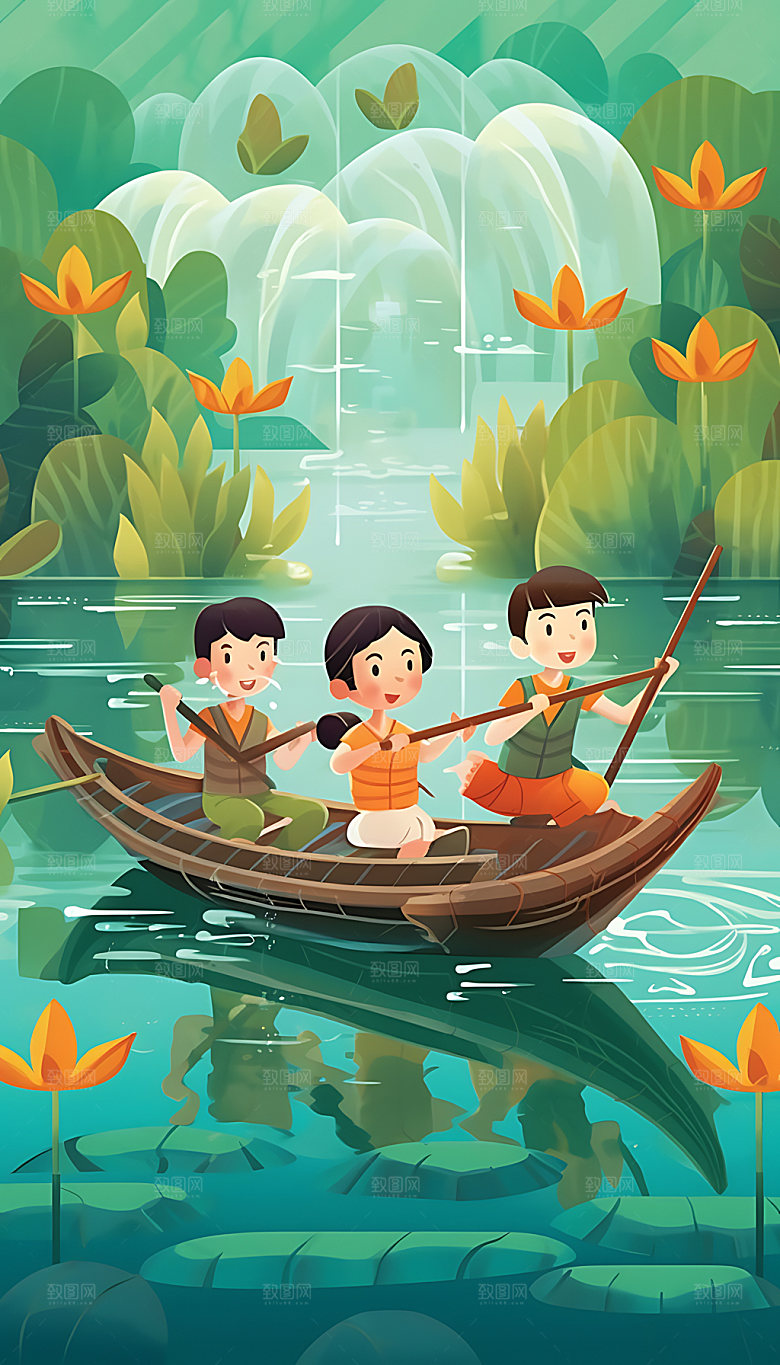 端午赛龙舟活动场景插画