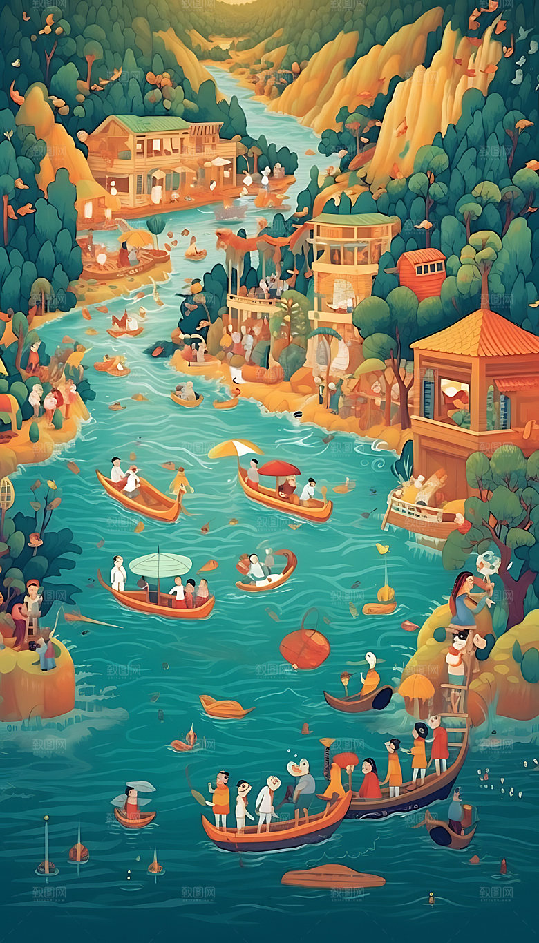 端午赛龙舟节庆场景插画
