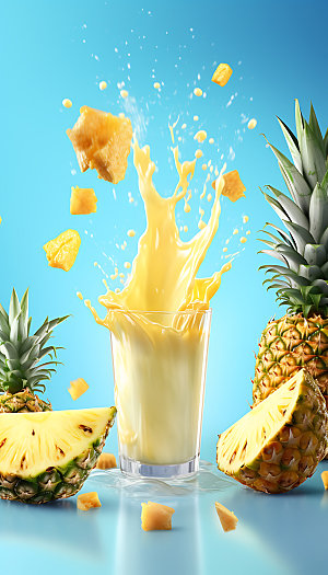 菠萝果汁飞溅创意水果摄影图