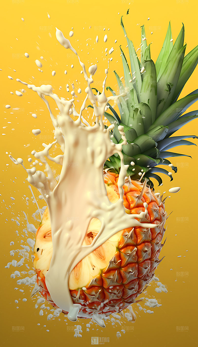 菠萝果汁飞溅创意特写摄影图