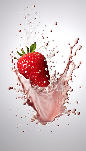 草莓果汁飞溅牛奶飞溅特写摄影图