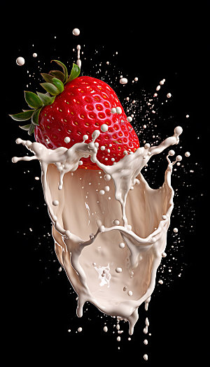 草莓果汁飞溅牛奶飞溅水果摄影图