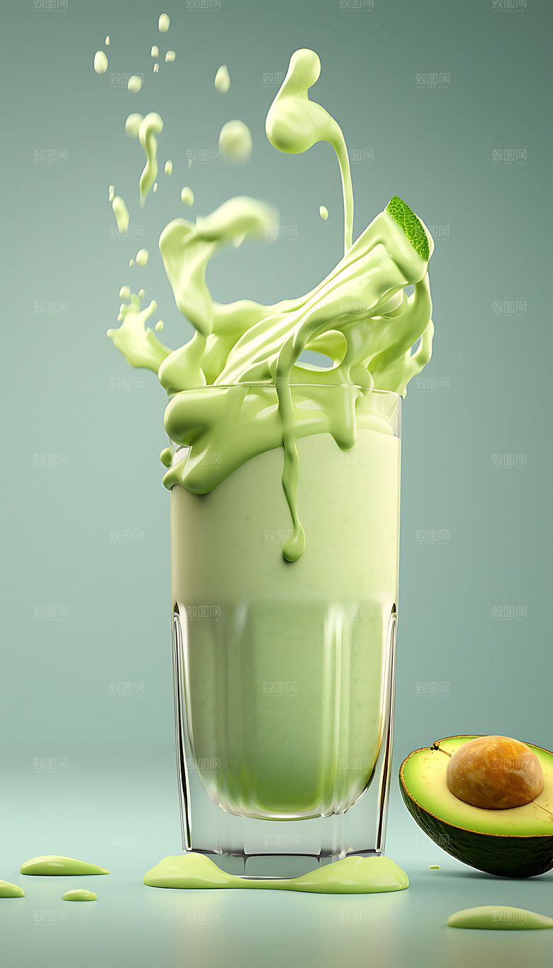 牛油果汁飞溅饮料水果摄影图