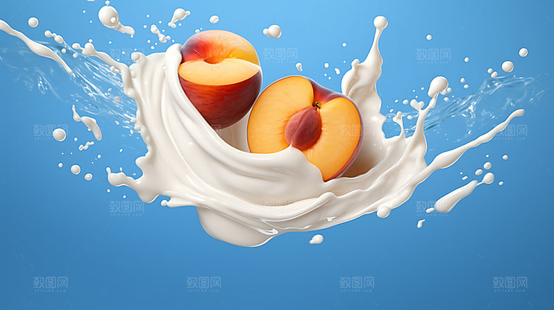 水蜜桃汁飞溅牛奶飞溅创意摄影图