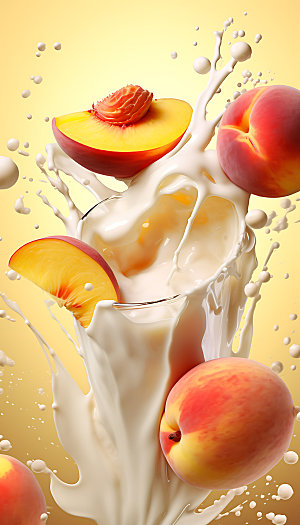 水蜜桃汁飞溅牛奶飞溅创意摄影图