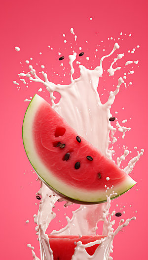 西瓜汁飞溅牛奶飞溅水果摄影图