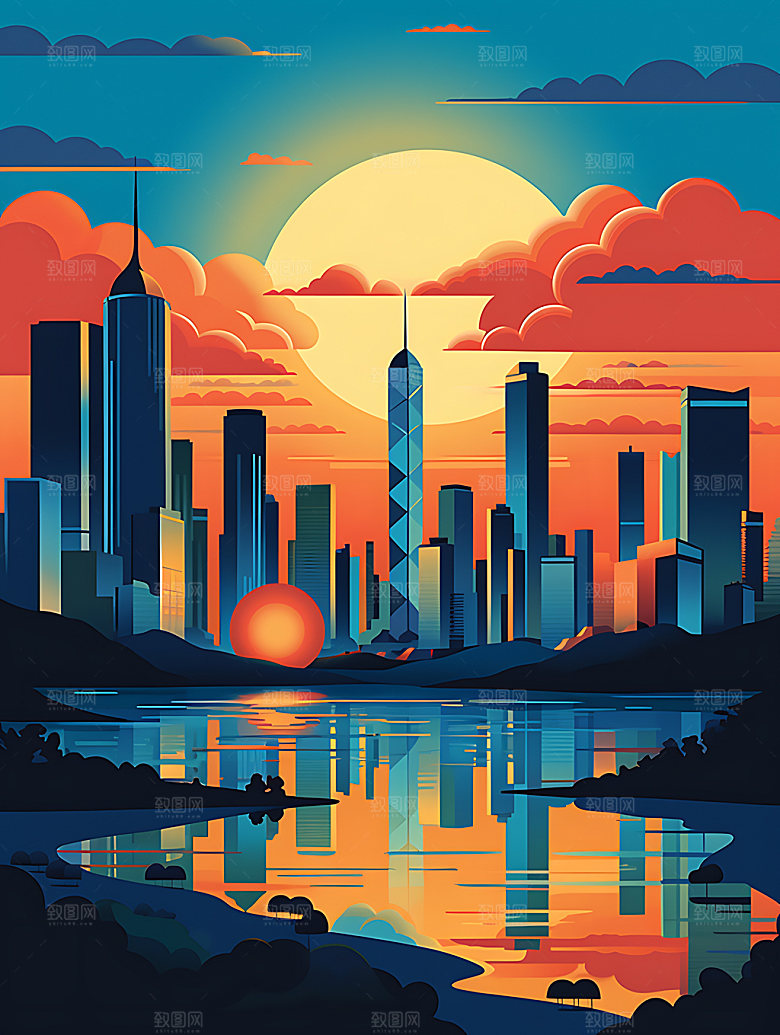 城市剪影彩色地标插画