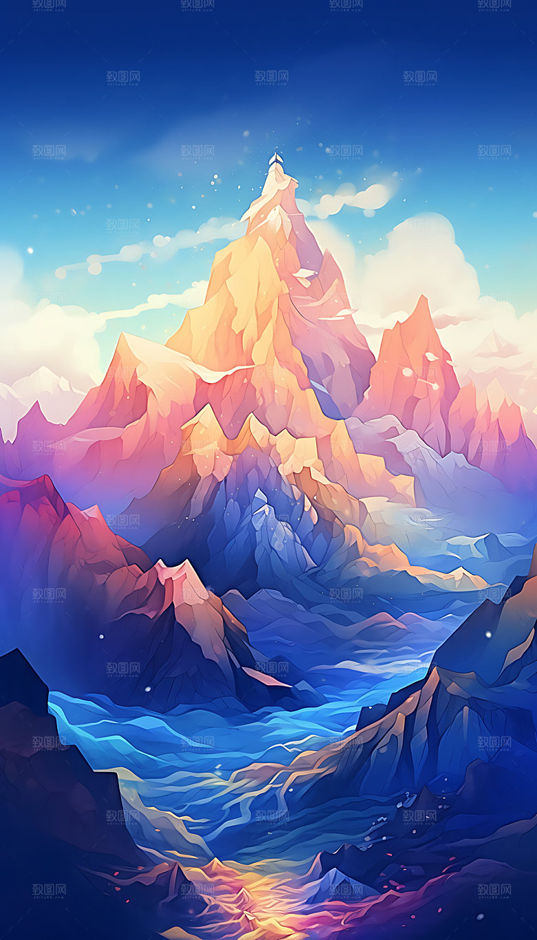 彩色山水创意高山插画