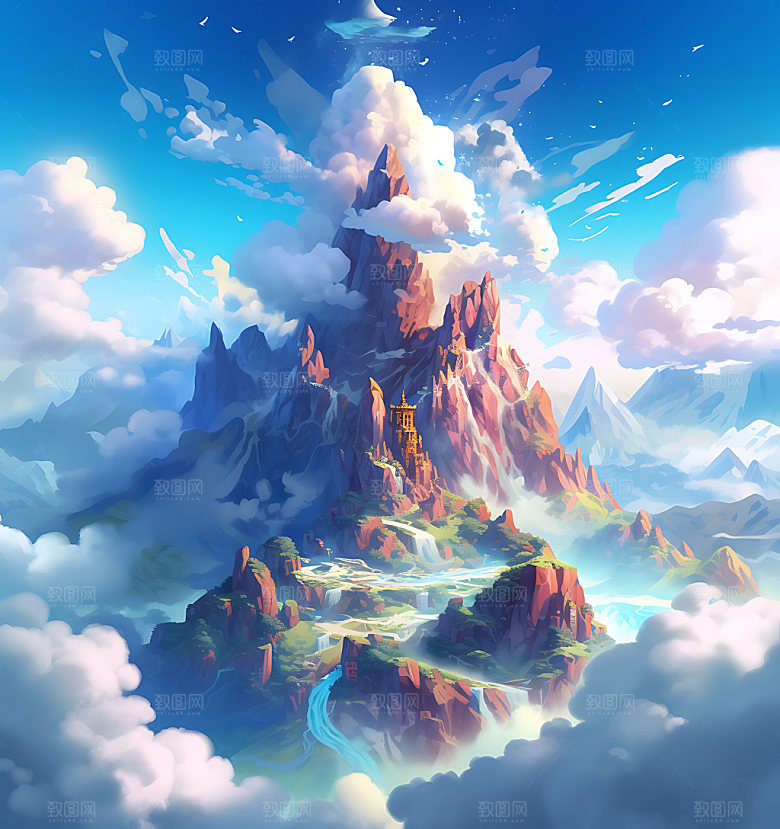 彩色山水高山创意插画