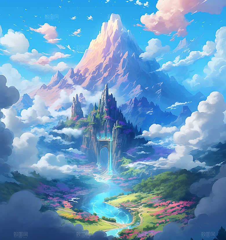 彩色山水创意高山插画