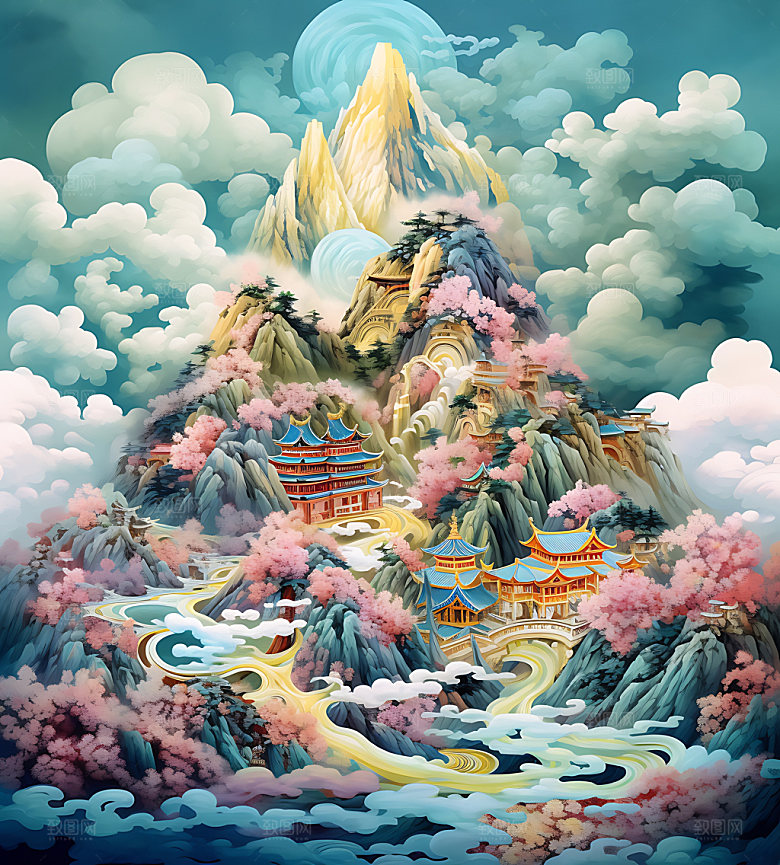彩色山水高山手绘插画