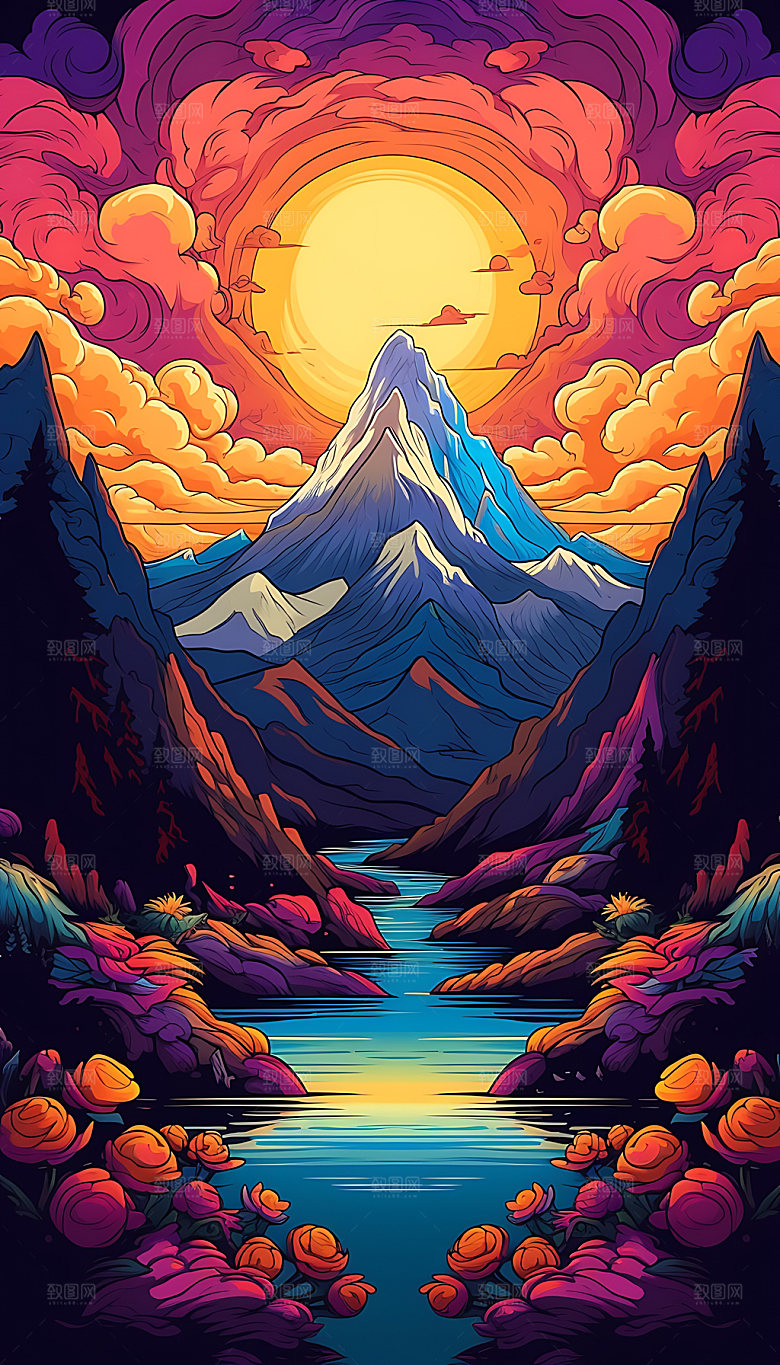彩色山水创意高山插画