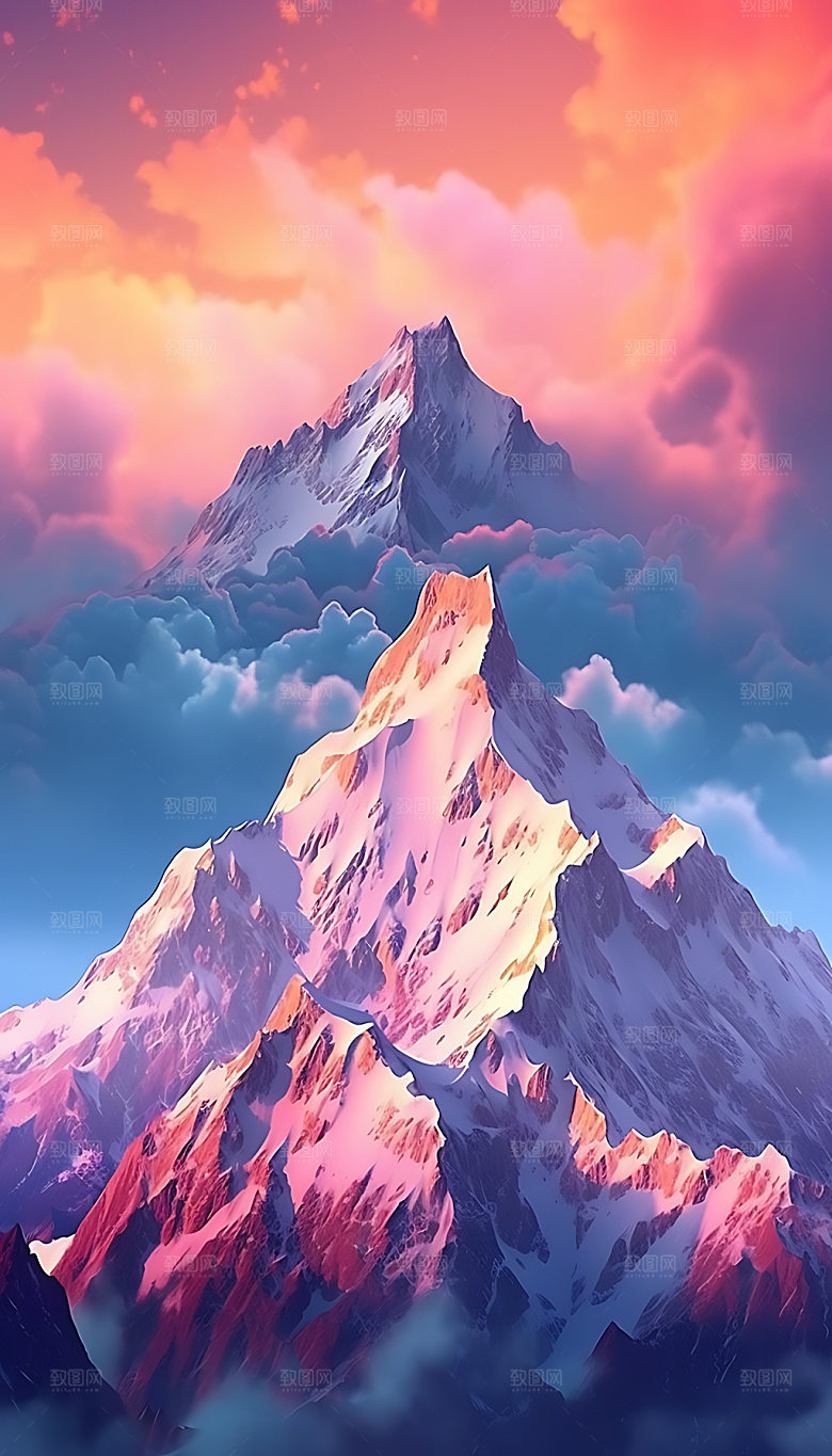 彩色山水手绘装饰插画