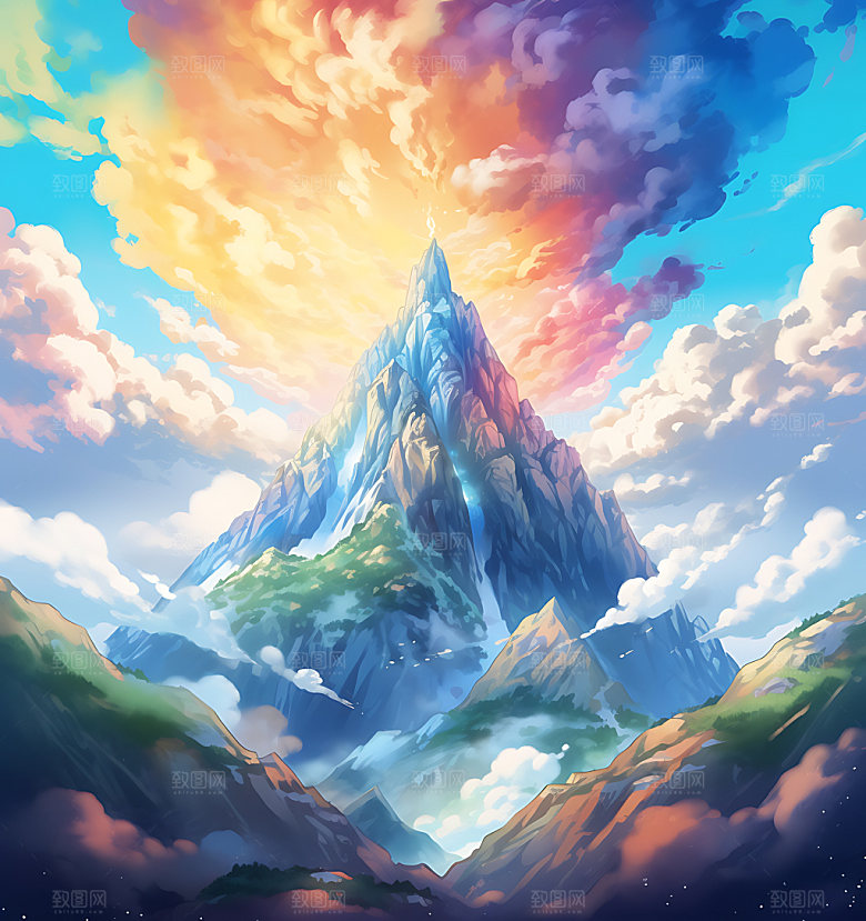 彩色山水手绘风光插画