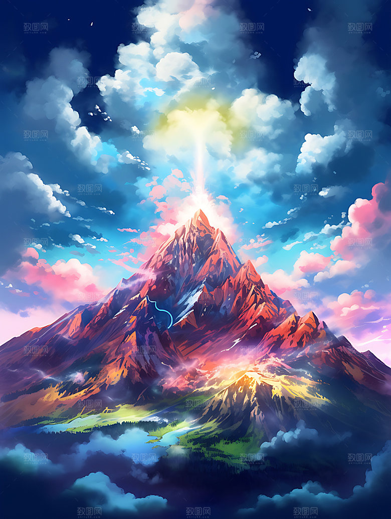 彩色山水高山创意插画