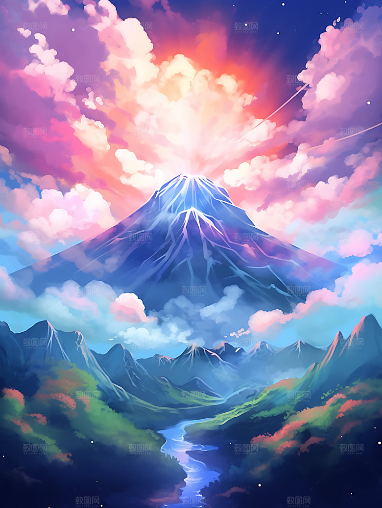 彩色山水高山风光插画