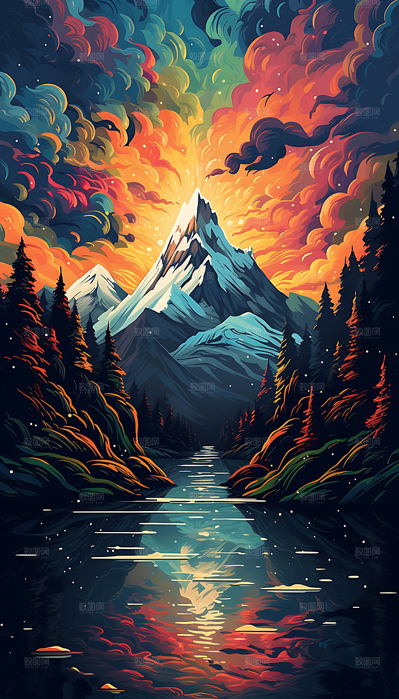 彩色山水艺术高山插画