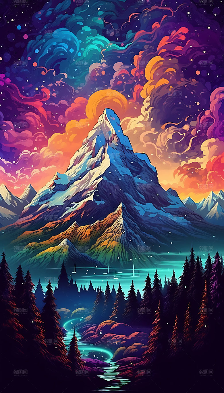 彩色山水艺术风光插画
