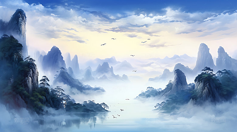 中国风山水手绘国潮插画