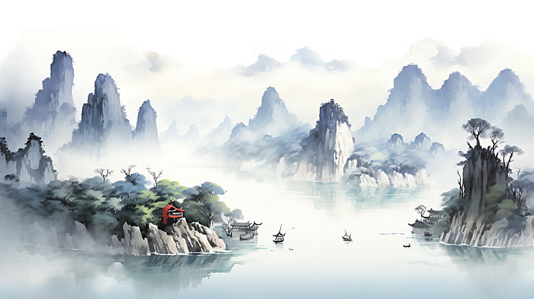 中国风山水晕染国潮插画