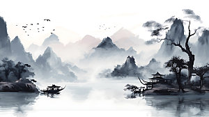 中国风山水传统晕染插画