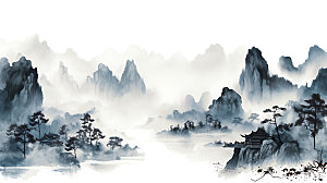中国风山水手绘风光插画