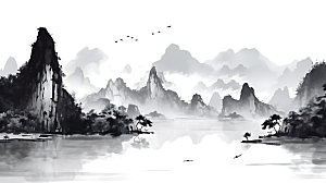 中国风山水国画水墨插画