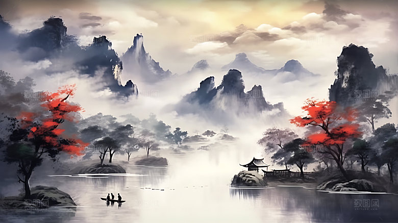 中国风山水晕染风光插画