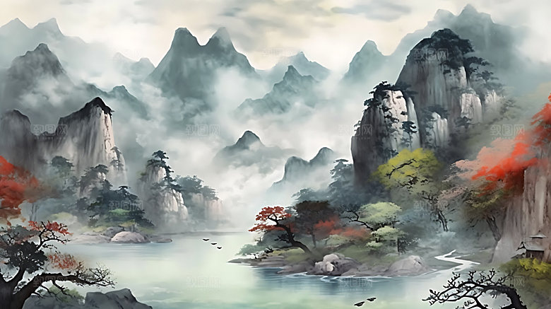 中国风山水水墨国画插画