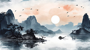 中国风山水手绘水墨插画