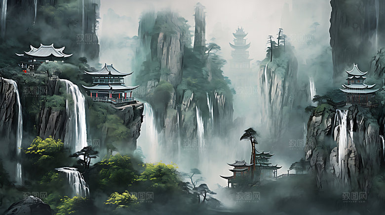 中国风山水晕染风光插画
