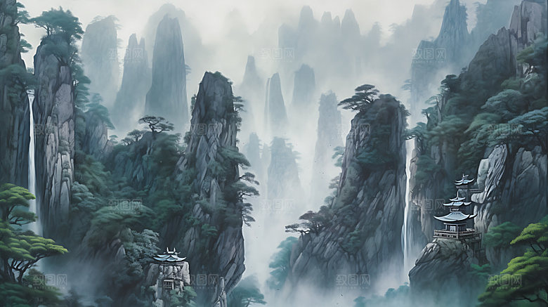 中国风山水水墨风光插画