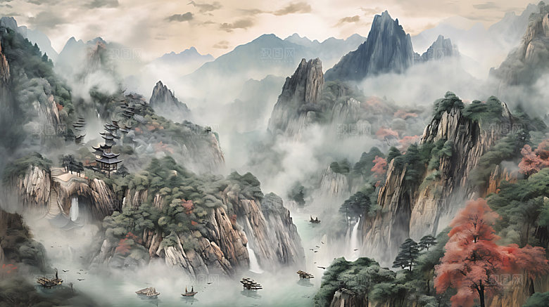 中国风山水晕染风光插画