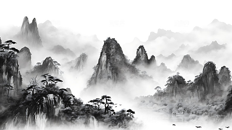 中国风山水国潮手绘插画