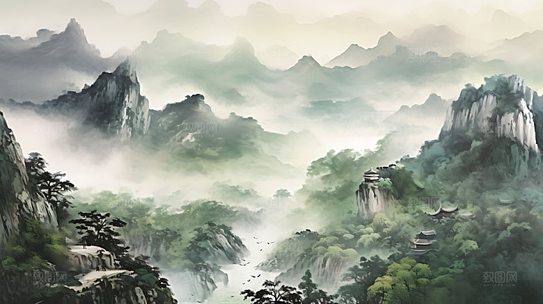 中国风山水国潮国画插画