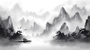 中国风山水晕染风光插画