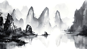 中国风山水国画风光插画