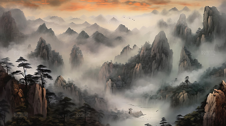 中国风山水国潮风光插画