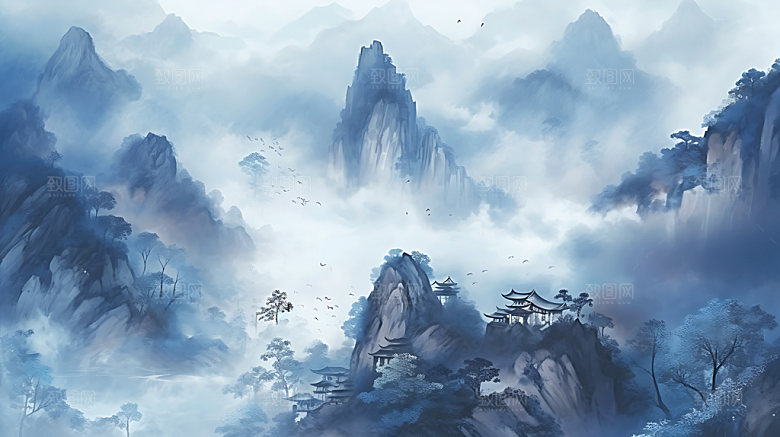 中国风山水手绘国潮插画