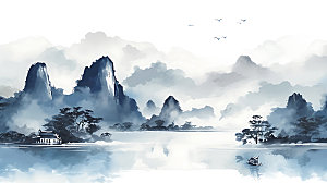 中国风山水水墨手绘插画