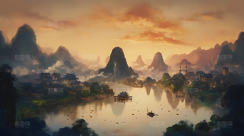 中国风山水风光手绘插画