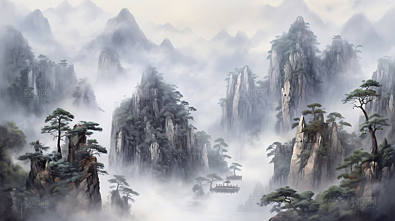 中国风山水风光国潮插画