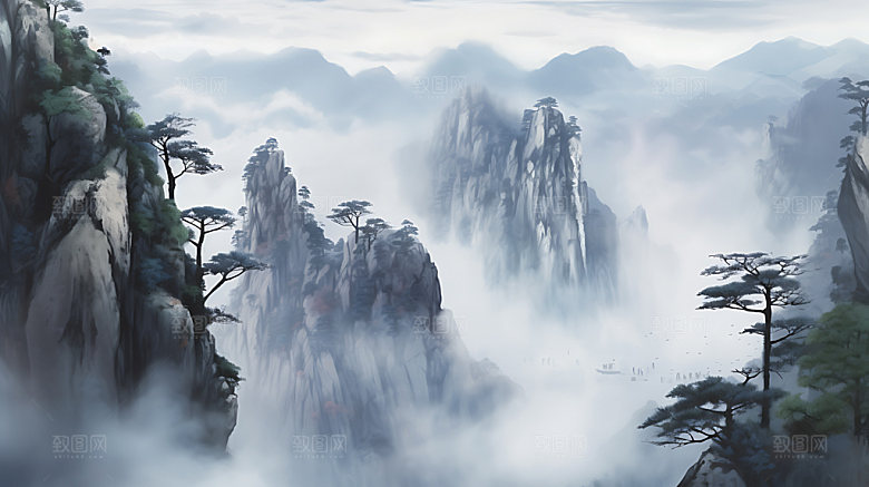 中国风山水晕染水墨插画